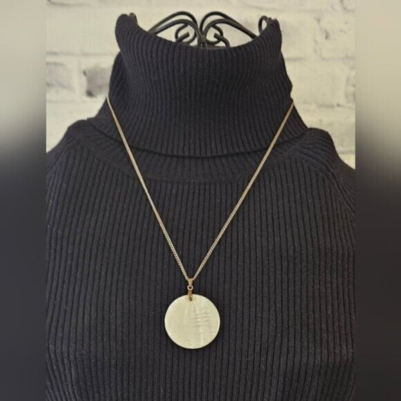 Faux Mother of Pearl Disc / Full Moon Pendant on Bronze Chain. - Picture 2 of 6